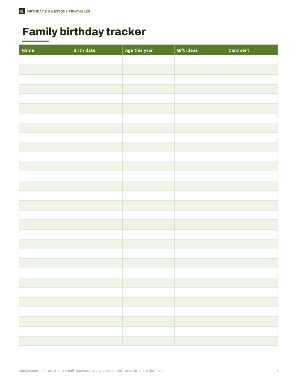 Preview of Printable Birthday Tracker Chart